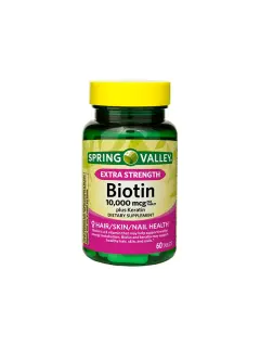 Spring Valley Tabletas de Suplemento Dietético de Biotina Extra Fuerte Más Queratina para la Salud Del Cabello/piel/uña, 10,000 mcg, 60 Unidades